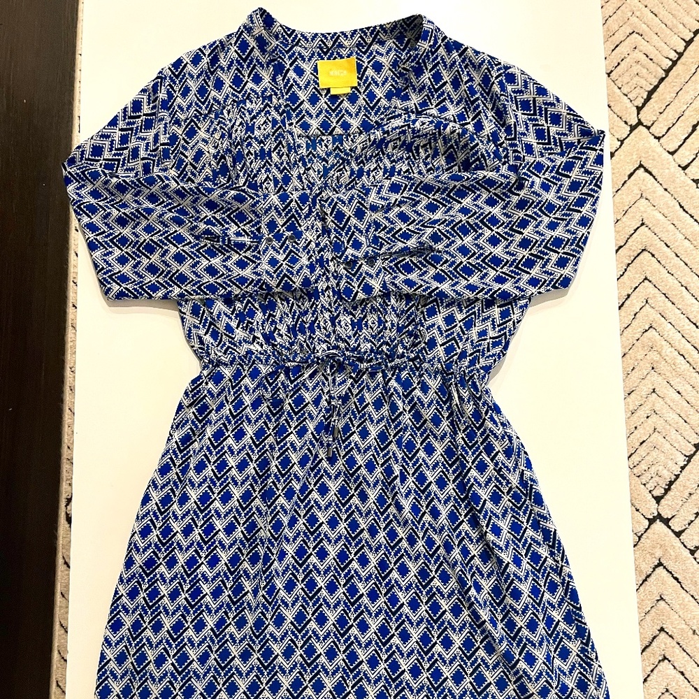 Maeve the Label Blue and White Pattern Midi Dress with Cinched Waist